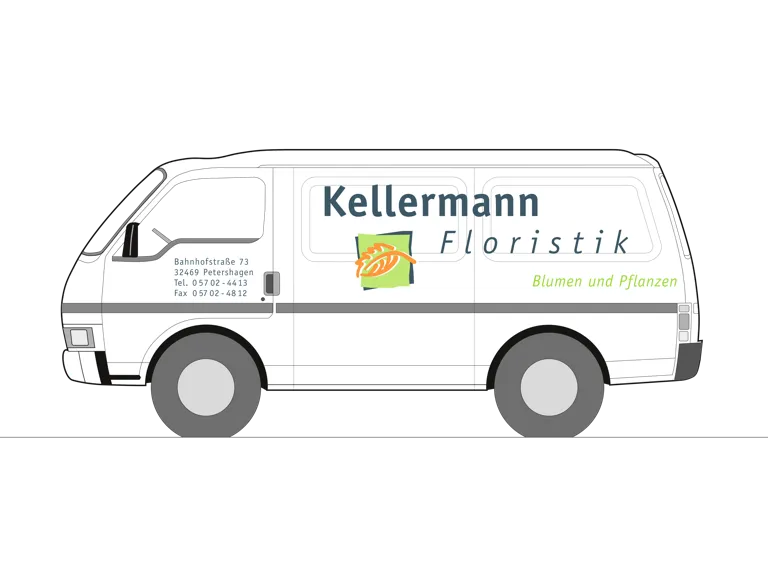 Grafik: Fahrzeugbeschriftung mit großflächigem Logo und Anschrift