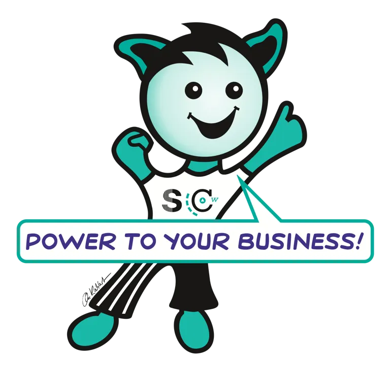 Zeichnung: Maskottchen mit großen Ohren und grün-blauer Hautfarbe reckt die Arme, Sprechblase: Power To Your Business!