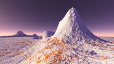 Computer-Rendering:Futuristische Landschaft mit einer Hügelkette, die sich von vorne rechts bis hinten links zum Horizont zieht und einer spitzen, hell leuchtenden Erhebung im rechten Vordergrund. Der Untergrund ist weiß-orange-fleckig wie Rost auf gefrorenem Boden. Der Himmel zeigt von oben nach unten einen Verlauf von dunkel-violett nach hell-aprikot-farben.