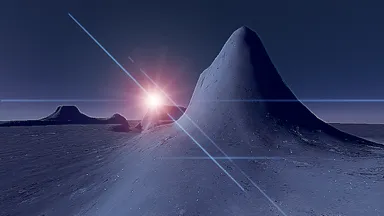 Computer-Rendering:Futuristische Landschaft mit einer Hügelkette, die sich von vorne rechts bis hinten links zum Horizont zieht und einer spitzen Erhebung im rechten Vordergrund. Dunkelblau-graue Farbgebung wie bei Nacht. Eine hell-aprikot-farbene Lichtquelle, ähnlich einer Sonne, erstrahlt hinter einem Hügel am Horizont in der Bildmitte leicht links. Lange blaue Lichtstrahlen ziehen sich durch das Bild. Auf dem Boden verstreut glitzernde Partikel.