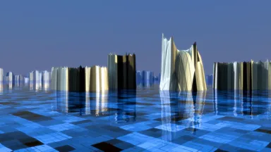 Computer-Rendering:Futuristische Skyline auf von Wasser überflutetem technisch anmutendem Boden, hell angestrahlte Gebäude; Blautöne