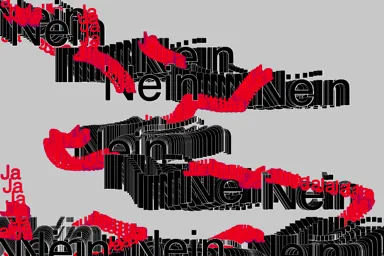 Typo-Illustration (Creative Coding):Bandartig zieht sich eine Folge von dicht aneinandergereihten Wörtern durch das Bild auf hellgrauem Grund: In schwarzen Lettern das Wort „Nein“ überlagert von roten Lettern das Wort „Ja“.