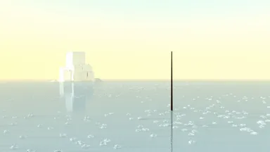 Computer-Rendering:Meeresszenerie in Gelb-Grau-Tönen. Im linken hinteren Bereich am Horizont in der Ferne eine Gebäude-ähnliche Erhebung in weiß, die von einer entfernten unsichtbaren Lichtquelle angestrahlt wird. Im rechten vorderen Bereich ragt ein dunkler Stab aus dem Meer in die Höhe. Das Meer ist etwas zwischen ruhigem Wasser und Eisfläche, auf der kristallartige Blasen schwimmen und in der sich die Elemente spiegeln. Der Himmel ist ein subtiler Verlauf in Grau-Gelb-Tönen.