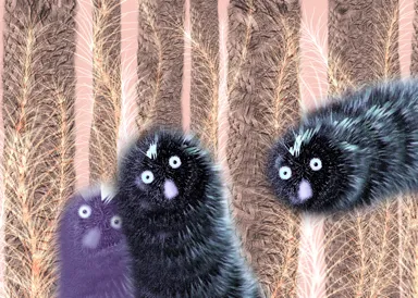 Fantasy-Illustration:Drei kindlich verdutzt dreinschauende wurmartige Wesen mit dichtem dunklem Fell. Zwei im linken Vordergrund kuscheln sich senkrecht aneinander, der dritte kommt von rechts horizontal ins Bild. Hintergrund filigrane rispenartige senkrecht ausgerichtete Struktur in bräunlich-rosa Farben.