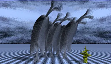 Fantasy-Illustration:Gruppe stehender skurriler, filigraner Figuren; Fantasy-Wesen, die sich neugierig leicht nach vorne beugen und ein kleines grünes Kaktusartiges Gebilde betrachten. Boden und Himmel surreal gemustert in etwas düsteren hellblau-grau-Tönen.