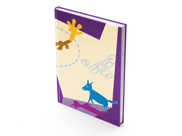 Foto: Einbandillustration mit surrealer Hof-Szene mit Hund, Strauch und Hinkelstein-Spiel in kontrastierenden Farben. 