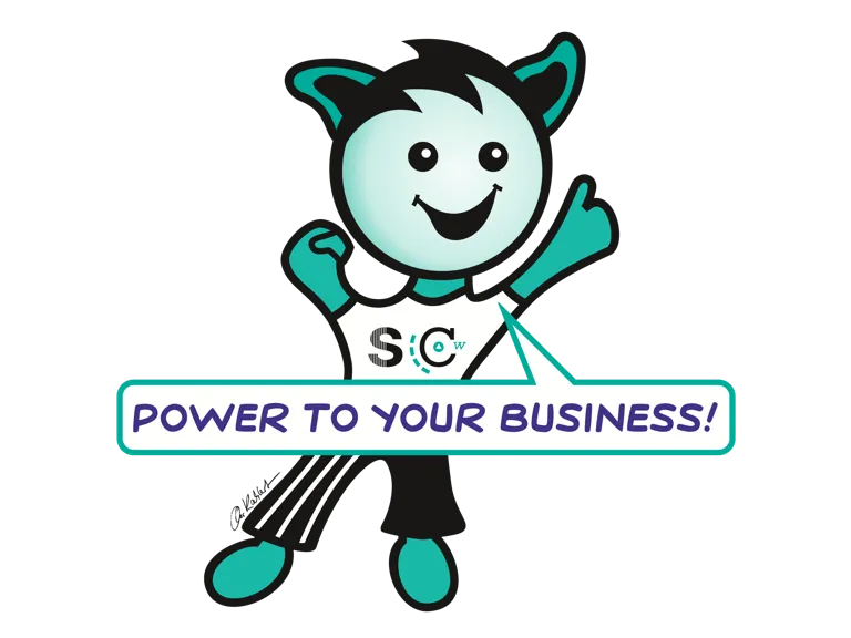 Zeichnung: Maskottchen mit großen Ohren und grün-blauer Hautfarbe reckt die Arme, Sprechblase: Power To Your Business!