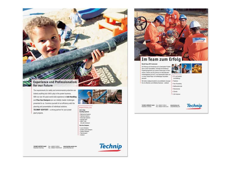 Foto: Anzeige A4 vergleich Technip-Seifert Kampagnenmotiv, Recruiting-Anzeige A5 vier Männer in Schutzkleidung und Helmen montieren ein Ventil, Headline: Im Team zum Erfolg.