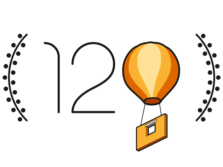 Logo: 120 Jahre Lücking, Ziffer „0“ als Ballon mit angehängter Ziegelwand