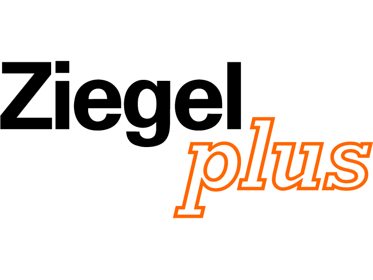 Logo: Ziegelplus, „plus“ ist orange und mit Schriftwechsel von grotesk zu serifenbetont hervorgehoben