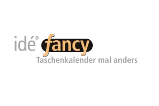 Logo: idè fancy, signal-gelbes „fancy“ sticht auf schwarzem, pillenförmigen Button hervor, das „f“ ist zudem geschwungen, Subline: Taschenkalender mal anders.