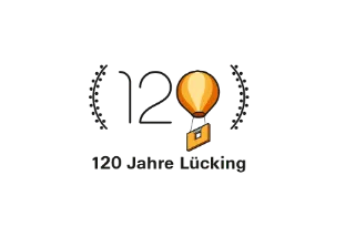 Logo: 120 Jahre Lücking, Ziffer „0“ als Ballon mit angehängter Ziegelwand