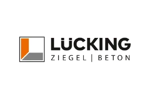 Logo: Lücking Ziegel | Beton, stilisiertes Wandelement in Orange für Ziegel und Bodenelement in Grau für Beton