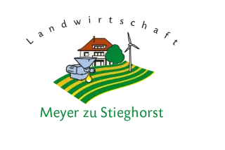 Logo: Landwirtschaft Meyer zu Stieghorst, Ölmühle auf Feld mit Haus und Windkraftanlage