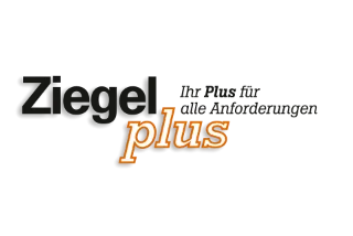 Logo: Ziegelplus, „plus“ ist orange und mit Schriftwechsel von Grotesk zu Serifenbetont hervorgehoben