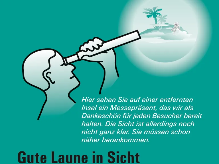 Illustration: Ausschitt aus dem Mailing Ideenreise, gezeichnete Person mit Fernrohr entdeckt in der Ferne ein Messepräsent