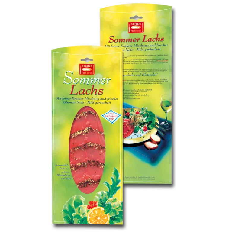 Foto: Räucherlachs-Verpackung mit sommerlichen Licht-/Farbspiel als Hintergrund und eines Salatmotivs als Illustration.