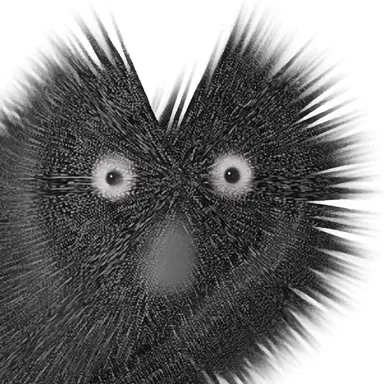 Fantasy-Illustration:Portrait eines Fantasie-Wesens mit strubbelig abstehendem grauem Fell wie eine Korona um den Kopf. Oben in der Mitte ein V-förmiger Spalt. Die Augen hell, knopfartig. Eine große stumpfe Nase. Kindlich verdutzt dreinschauender Blick.