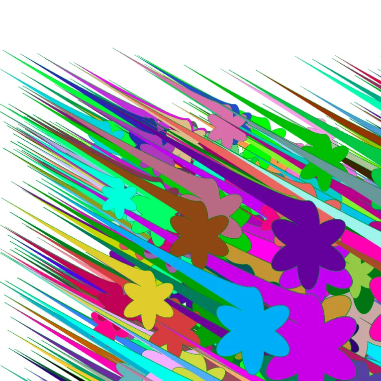 Generative Gestaltung/Creative Coding: Unzählige einfache Blumenformen in bunten Farben auf weißem Grund fliegen schwallartig, einen Schweif hinter sich herziehend, von links oben nach rechts unten ins Bild.