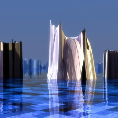 Computer-Rendering:Futuristische Skyline auf von Wasser überflutetem technisch anmutendem Boden, hell angestrahlte Gebäude; Blautöne
