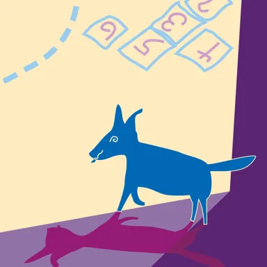 Zeichnung: Detail einer Einbandillustration mit surrealer Hof-Szene mit Hund und Hinkelstein-Spiel in kontrastierenden Farben.