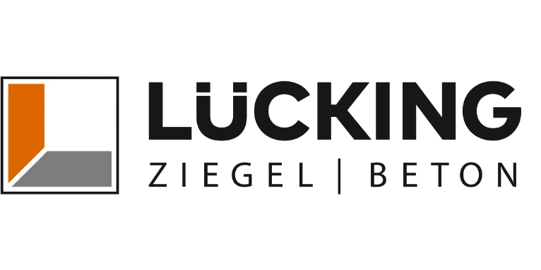 Logo: Lücking Ziegel | Beton, räumlich stilisiertes Wandelement in Orange für Ziegel und Bodenelement in Grau für Beton im Quadrat