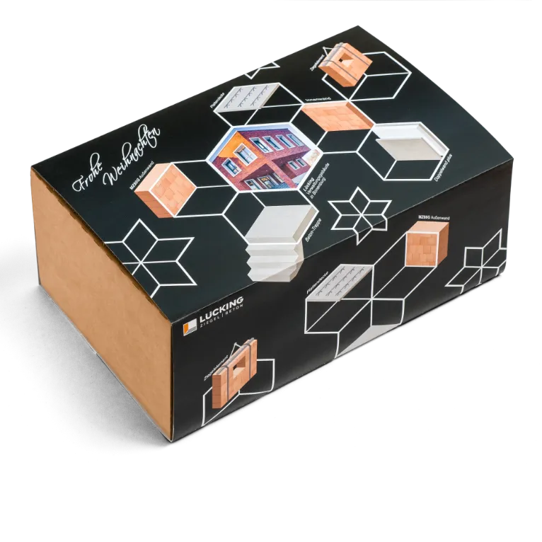 Foto: Präsentbox-Banderole mit isometrischen Produktdarstellungen und weihnachtlicher Anmutung