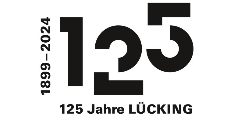 Logo: 125 Jahre Lücking, dekonstruktiv in Grundformen zerlegte Ziffern