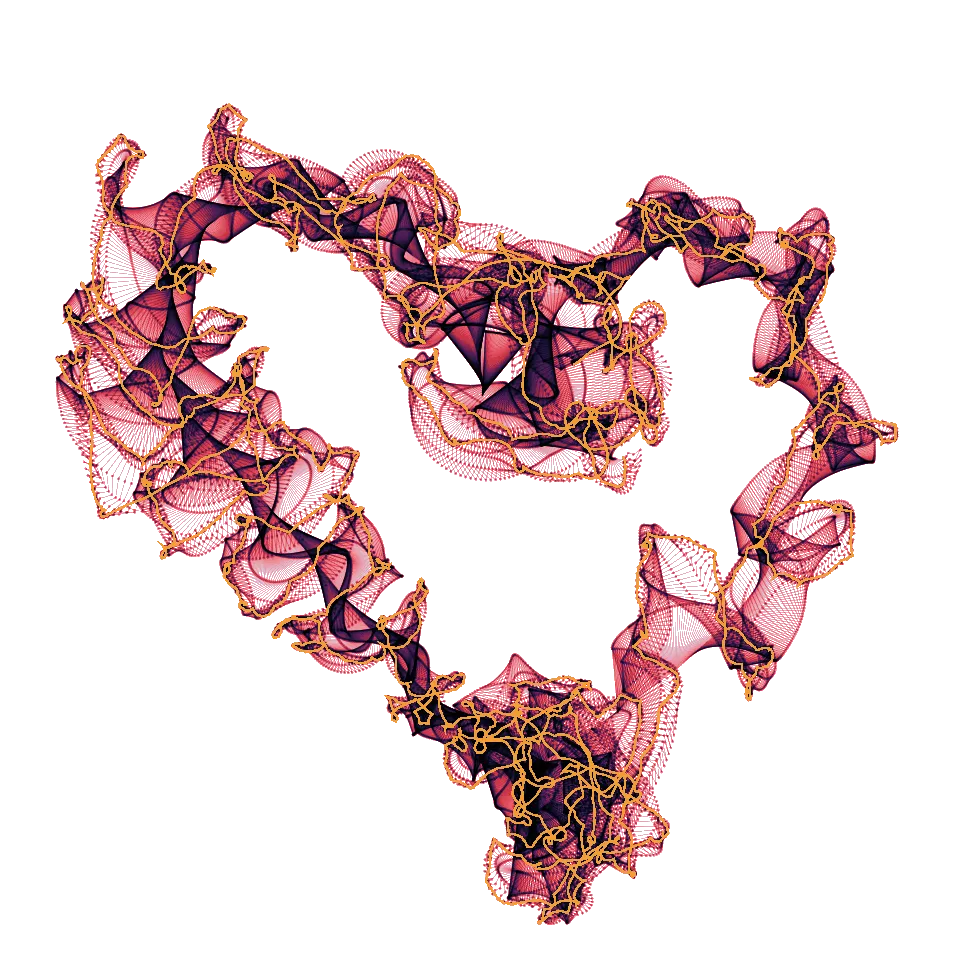 Generative Gestaltung/Creative Coding: Guillochen-gleiche, sich vielfach überlappende geometrische Linienmuster bilden ein rotes Herz