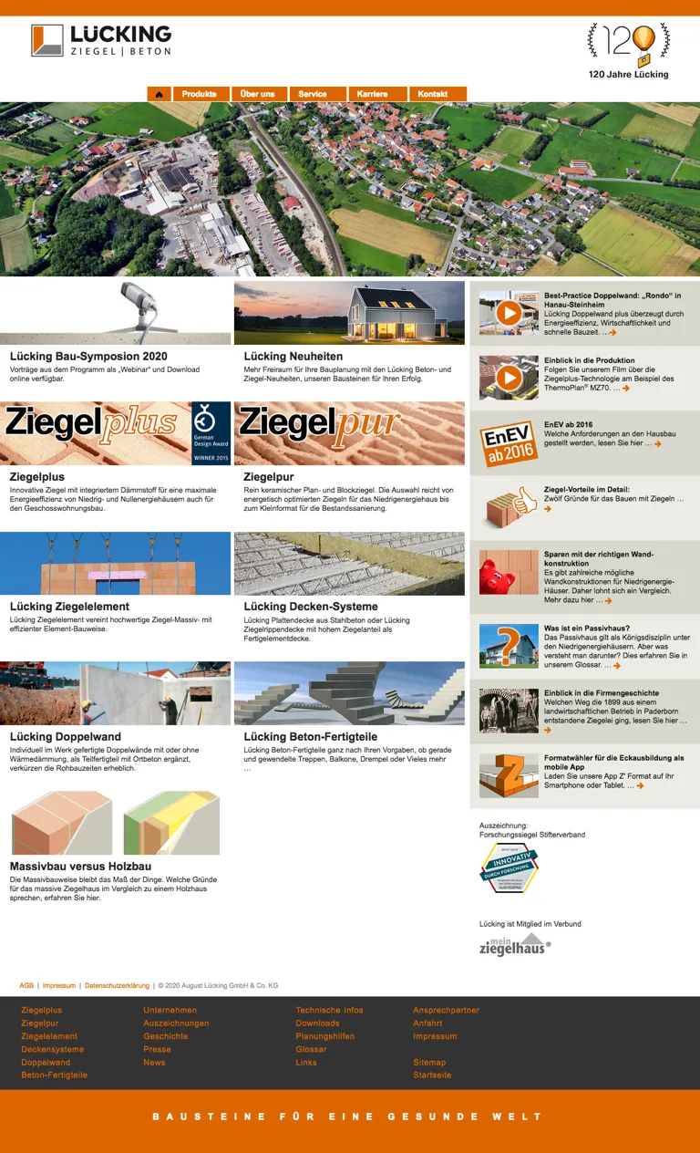 Screenshot: Startseite Lücking, Landingpage mit Teaserblöcken