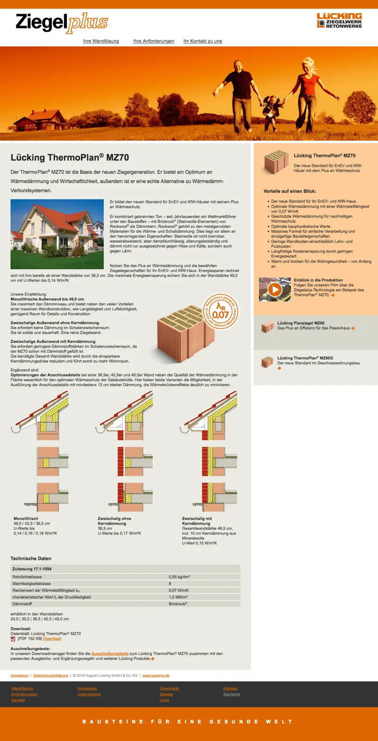 Screenshot: Produktbeschreibung MZ70 ziegel mit Eigenschaften, Anwendungs-Schnitte und technischen Daten Tabellen