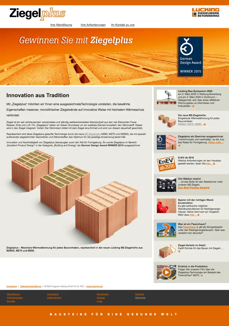 Screenshot: Startseite Ziegelplus mit Headline: Innovation aus Tradition, Abbildung der Ziegelplus Produktreihe